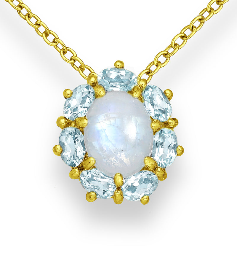 Rainbow Moonstone and Sky Blue Topaz Crystal Necklace